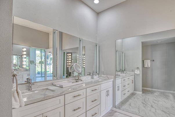 Bathroom, Dual Sink Vanities, Interior, Marble, Recessed Lighting