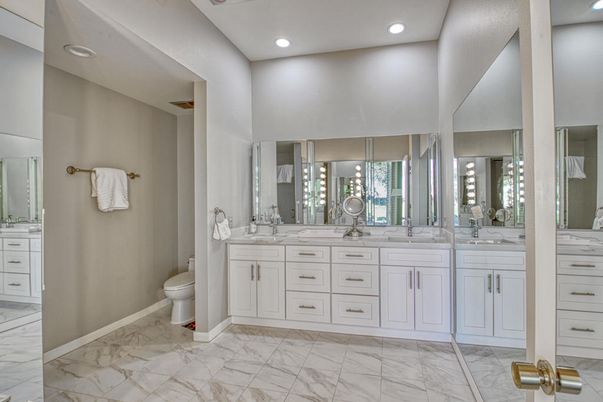 Bathroom, Dual Sink Vanities, Interior, Marble, Recessed Lighting