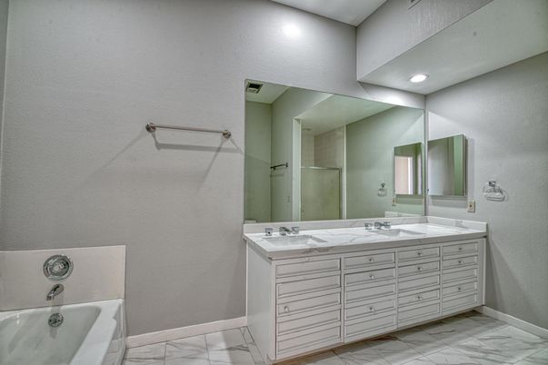 Bathroom, Dual Sink Vanities, Interior, Marble, Recessed Lighting