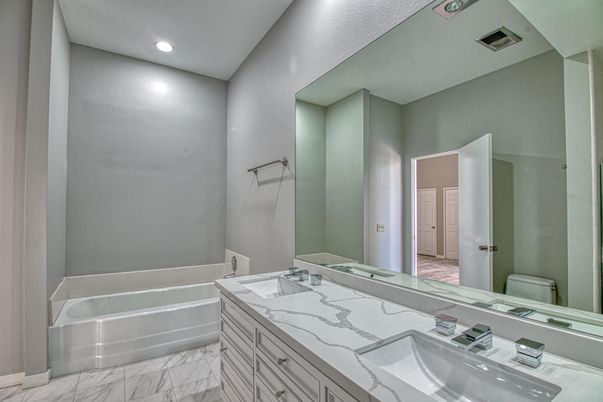 Bathroom, Dual Sink Vanities, Interior, Marble, Recessed Lighting