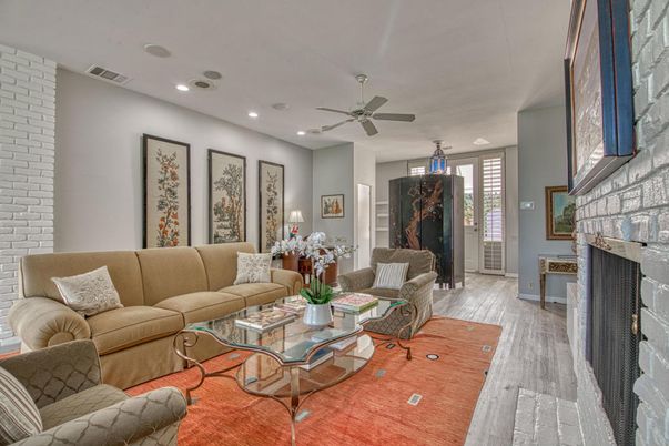 Fireplace, Interior, Living room, Pendant Lights, Recessed Lighting, Stone Walls, Wood Texture Flooring