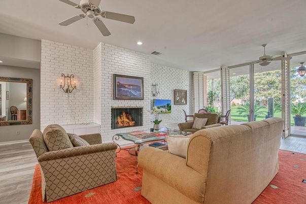 Fireplace, Interior, Living room, Recessed Lighting, Stone Walls