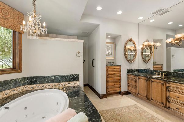 Bathroom, Chandelier, Dual Sink Vanities, Interior, Recessed Lighting
