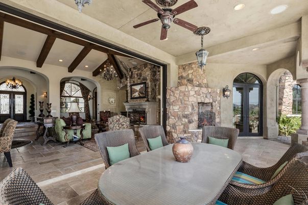 Dining room, Fireplace, Interior, Living room, Pendant Lights, Recessed Lighting, Wooden Beams