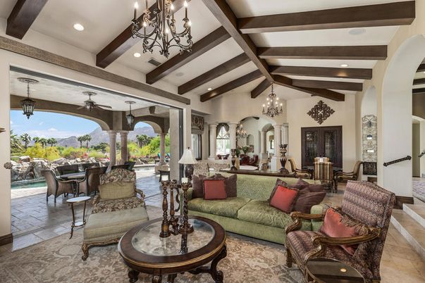 Chandelier, Interior, Living room, Recessed Lighting, Wooden Beams