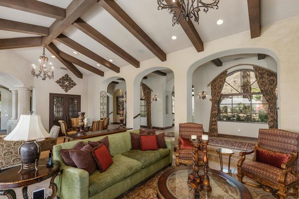 Chandelier, Interior, Living room, Recessed Lighting, Wooden Beams