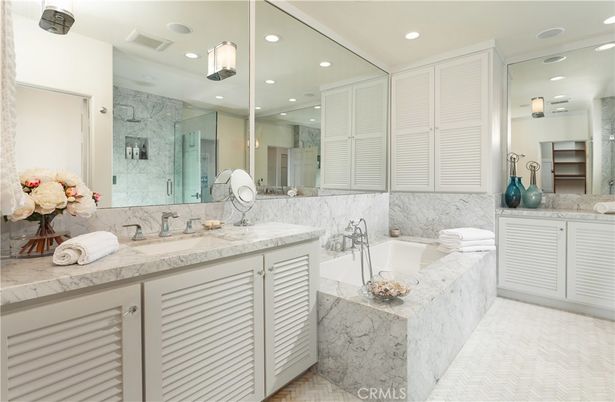 Bathroom, Dual Sink Vanities, Glass Shower, Interior, Marble, Marble Walls, Recessed Lighting