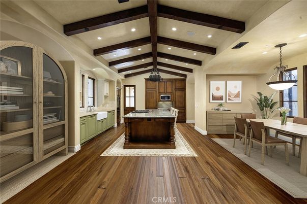 Dining room, Interior, Kitchen, Pendant Lights, Recessed Lighting, Wooden Beams, Wood Texture Flooring
