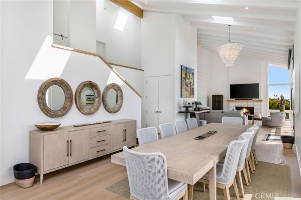 Chandelier, Dining room, Fireplace, Interior, Living room, Recessed Lighting, Wood Texture Flooring