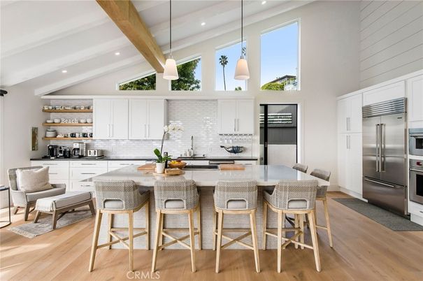 Interior, Kitchen, Pendant Lights, Recessed Lighting, Stainless Steel Appliances, Wooden Beams, Wood Texture Flooring