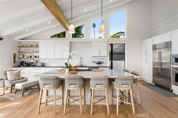 Interior, Kitchen, Pendant Lights, Recessed Lighting, Stainless Steel Appliances, Wooden Beams, Wood Texture Flooring