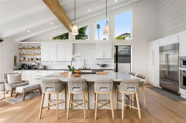 Interior, Kitchen, Pendant Lights, Recessed Lighting, Stainless Steel Appliances, Wooden Beams, Wood Texture Flooring