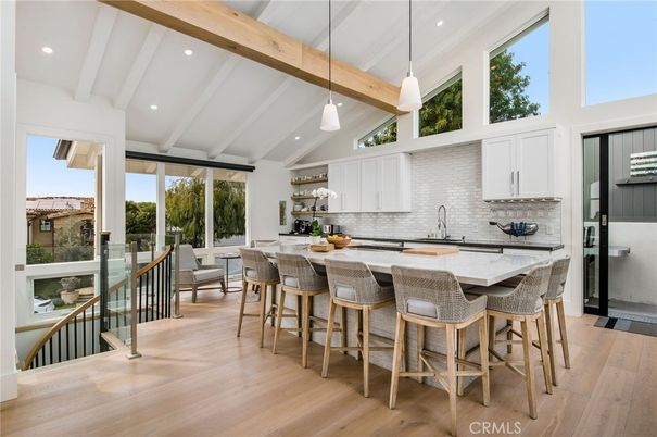 Interior, Kitchen, Pendant Lights, Recessed Lighting, Stainless Steel Appliances, Wooden Beams, Wood Texture Flooring