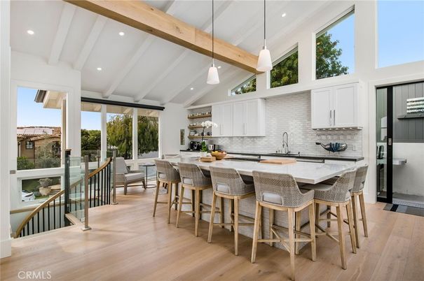 Interior, Kitchen, Pendant Lights, Recessed Lighting, Stainless Steel Appliances, Wooden Beams, Wood Texture Flooring