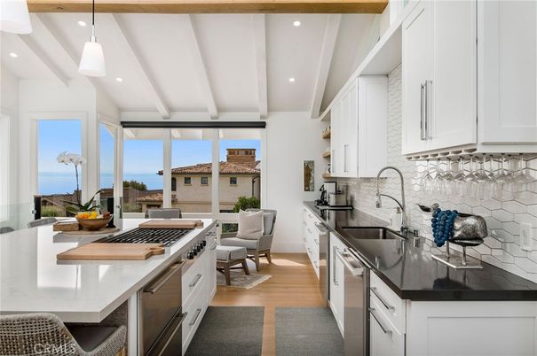 Interior, Kitchen, Pendant Lights, Recessed Lighting, Stainless Steel Appliances, Water, Wood Texture Flooring