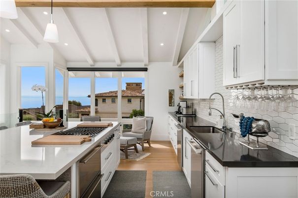 Interior, Kitchen, Pendant Lights, Recessed Lighting, Stainless Steel Appliances, Water, Wood Texture Flooring
