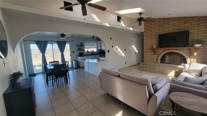 Dining room, Fireplace, Interior, Kitchen, Living room, Stone Walls