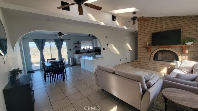 Dining room, Fireplace, Interior, Kitchen, Living room, Recessed Lighting, Stone Walls