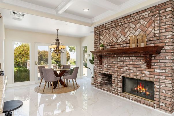 Chandelier, Dining room, Fireplace, Interior, Recessed Lighting, Stone Walls