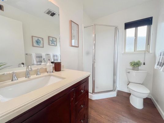 Bathroom, Glass Shower, Interior, Wood Texture Flooring
