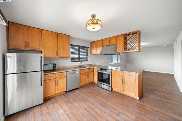 Interior, Kitchen, Stainless Steel Appliances, Wood Texture Flooring