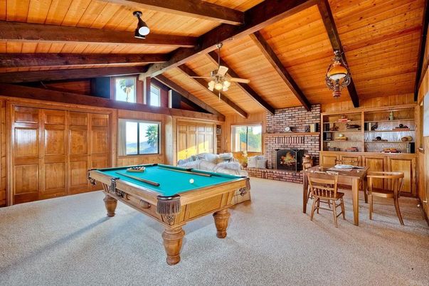 Billiard Table, Fireplace, Game Room, Interior, Stone Walls, Wooden Beams, Wooden Ceilings, Wooden Walls