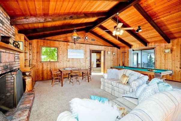 Billiard Table, Dining room, Fireplace, Game Room, Interior, Living room, Stone Walls, Wooden Beams, Wooden Ceilings, Wooden Walls