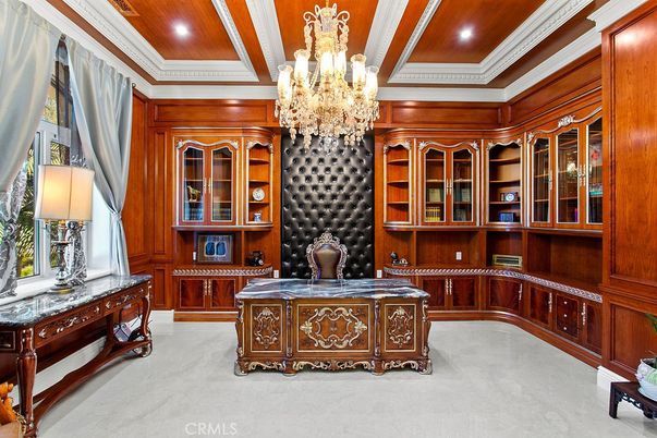 Chandelier, Home Office, Interior, Recessed Lighting, Wooden Ceilings, Wooden Walls