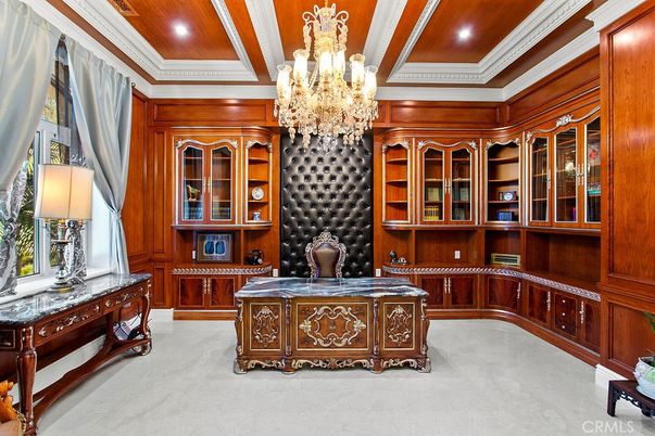 Chandelier, Home Office, Interior, Recessed Lighting, Wooden Ceilings, Wooden Walls