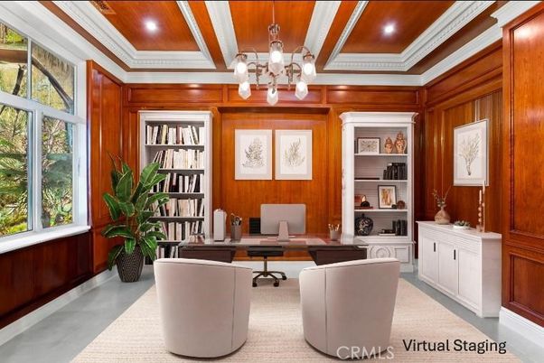 Chandelier, Home Office, Interior, Recessed Lighting, Wooden Beams, Wooden Ceilings, Wooden Walls