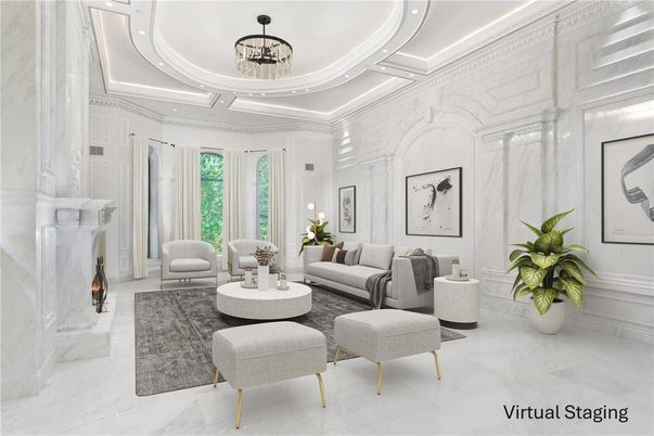 Chandelier, Fireplace, Interior, Living room, Marble, Recessed Lighting