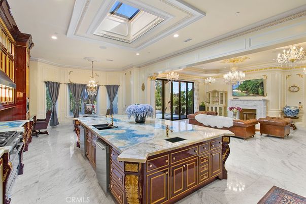 Chandelier, Fireplace, Interior, Kitchen, Living room, Marble, Pendant Lights, Recessed Lighting