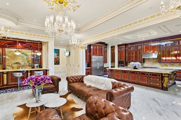 Chandelier, Interior, Kitchen, Living room, Marble, Recessed Lighting, Stainless Steel Appliances