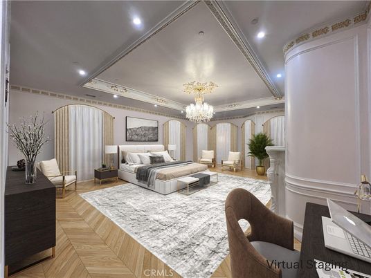 Bedroom, Chandelier, Interior, Recessed Lighting, Wood Texture Flooring