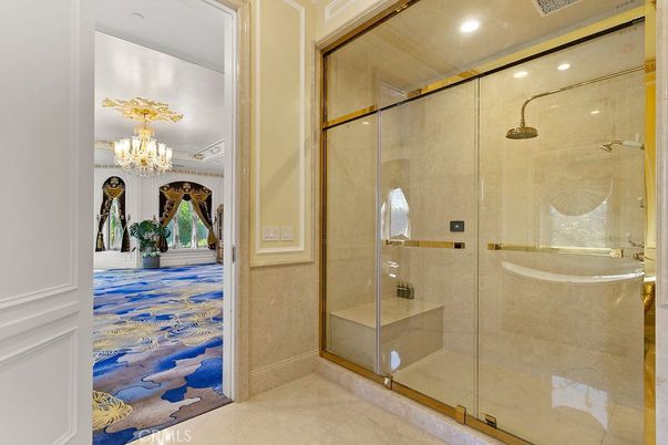 Bathroom, Chandelier, Glass Shower, Interior, Recessed Lighting
