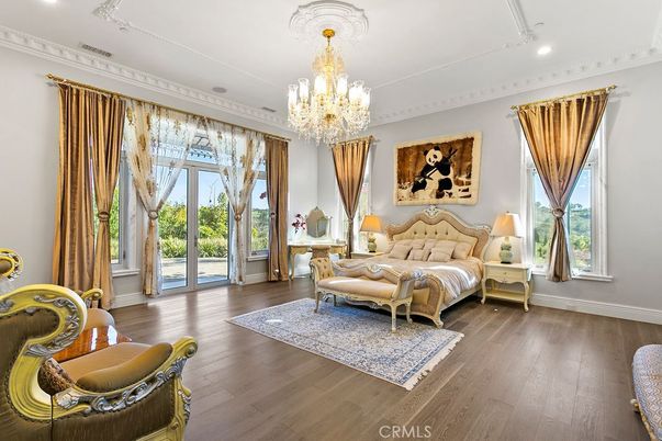 Bedroom, Chandelier, Interior, Recessed Lighting, Wood Texture Flooring