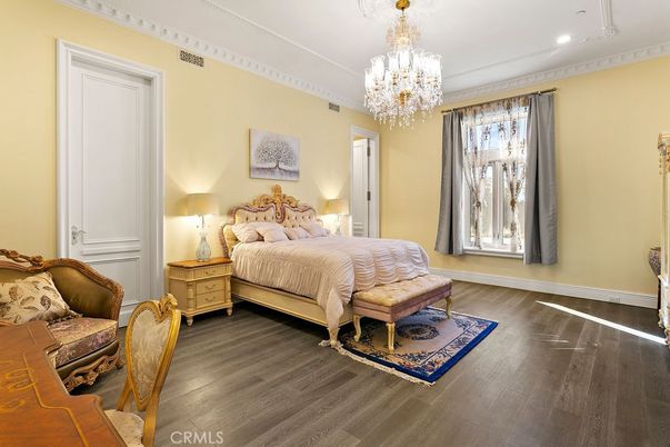 Bedroom, Chandelier, Interior, Recessed Lighting, Wood Texture Flooring