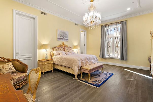 Bedroom, Chandelier, Interior, Recessed Lighting, Wood Texture Flooring