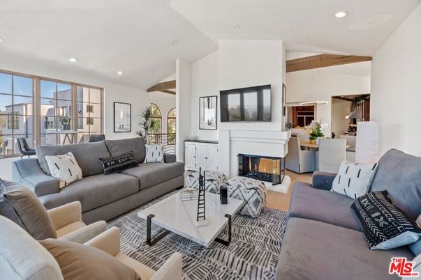Dining room, Fireplace, Interior, Living room, Pendant Lights, Recessed Lighting, Wooden Beams