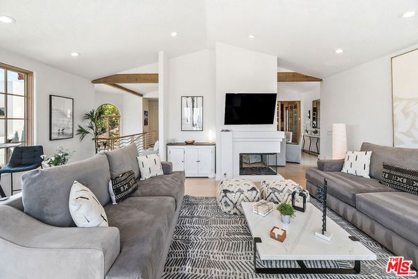 Fireplace, Interior, Living room, Recessed Lighting, Wooden Beams, Wood Texture Flooring