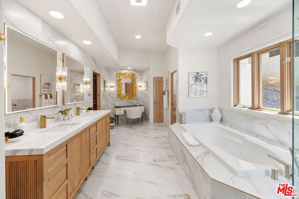 Bathroom, Dual Sink Vanities, Interior, Marble, Marble Walls, Recessed Lighting