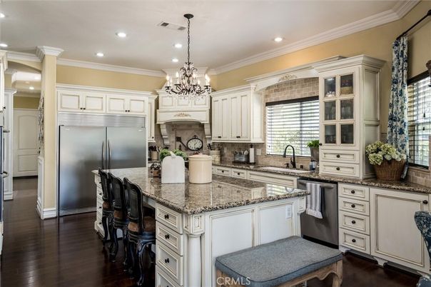 Chandelier, Interior, Kitchen, Recessed Lighting, Stainless Steel Appliances, Wood Texture Flooring