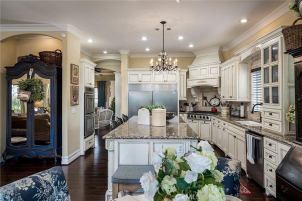 Chandelier, Interior, Kitchen, Recessed Lighting, Stainless Steel Appliances, Wood Texture Flooring