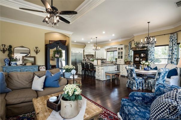 Chandelier, Dining room, Interior, Kitchen, Living room, Recessed Lighting, Stainless Steel Appliances, Wood Texture Flooring