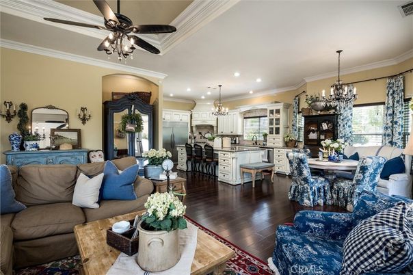 Chandelier, Dining room, Interior, Kitchen, Living room, Recessed Lighting, Stainless Steel Appliances, Wood Texture Flooring