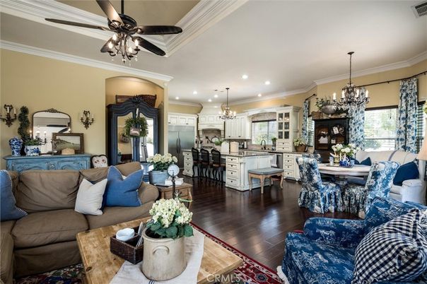 Chandelier, Dining room, Interior, Kitchen, Living room, Recessed Lighting, Stainless Steel Appliances, Wood Texture Flooring