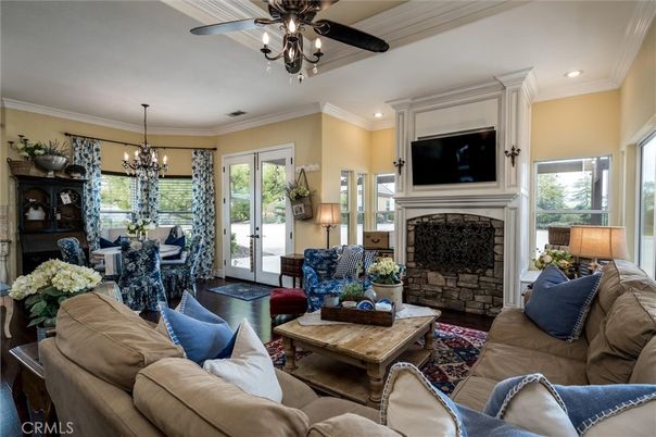 Chandelier, Dining room, Fireplace, Interior, Living room, Recessed Lighting, Wood Texture Flooring