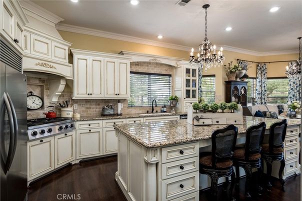 Chandelier, Interior, Kitchen, Pendant Lights, Recessed Lighting, Stainless Steel Appliances, Wood Texture Flooring