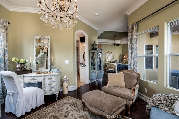 Bedroom, Chandelier, Interior, Wood Texture Flooring