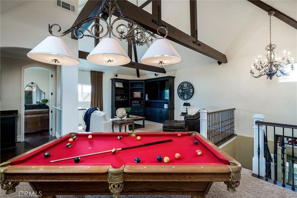 Billiard Table, Chandelier, Game Room, Interior, Wooden Beams